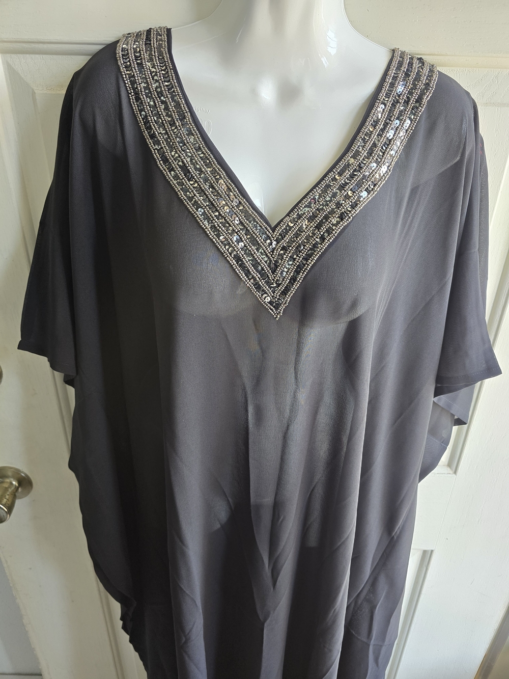 Lavish Charcoal Grey V-Neck Beaded Swim Coverup